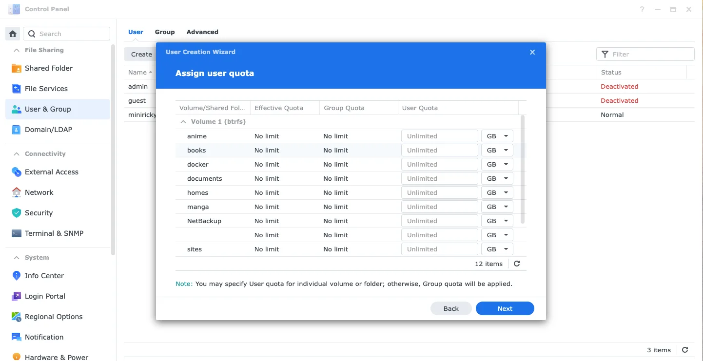 Assign User Quota Interface