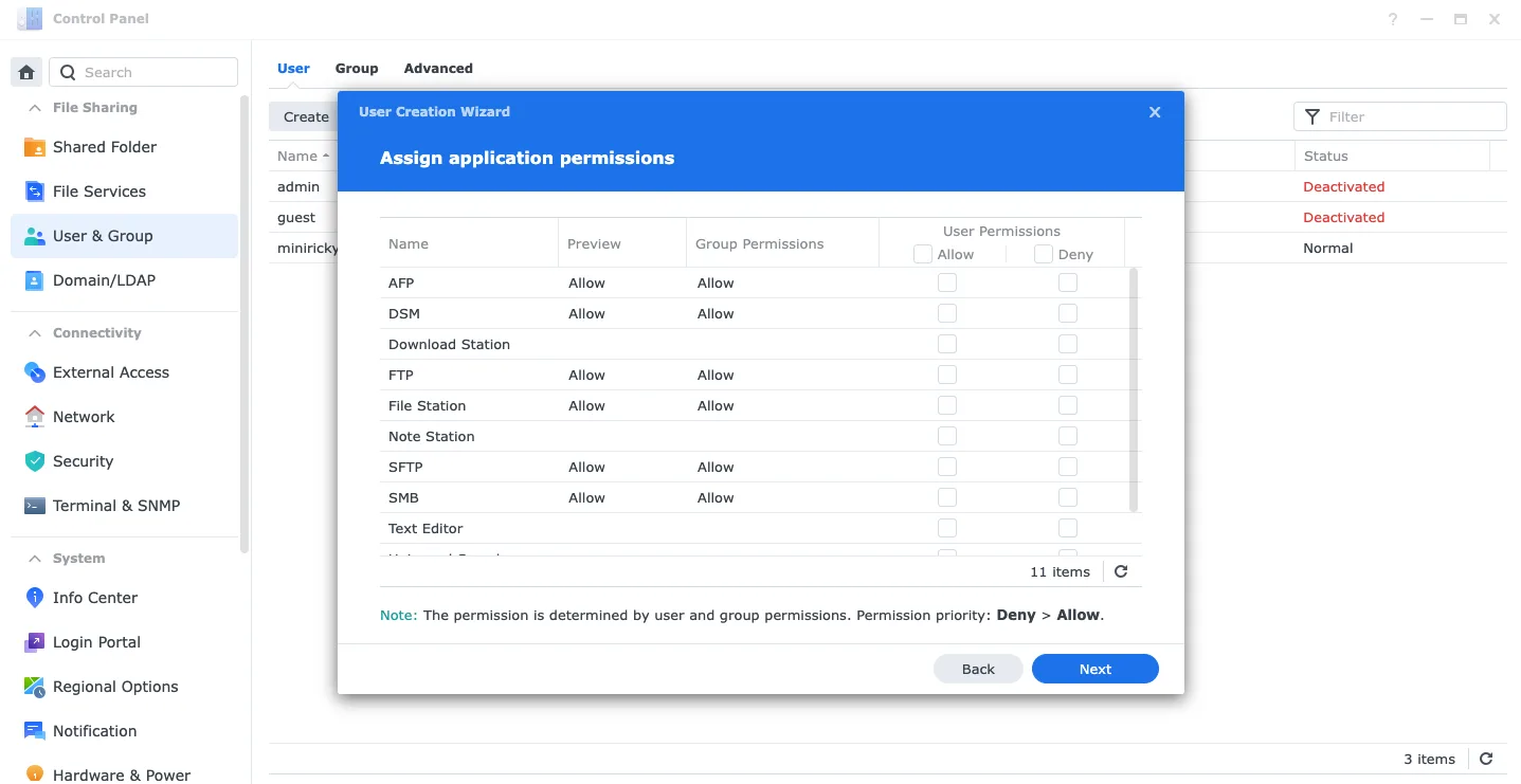 Interfaz de asignación de permisos de aplicación